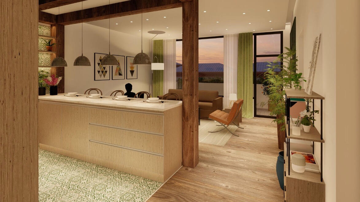 View to kitchen and living room